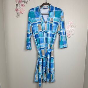 J. McLaughlin Blue and Tan Plaid Spandex Blend Dress - L